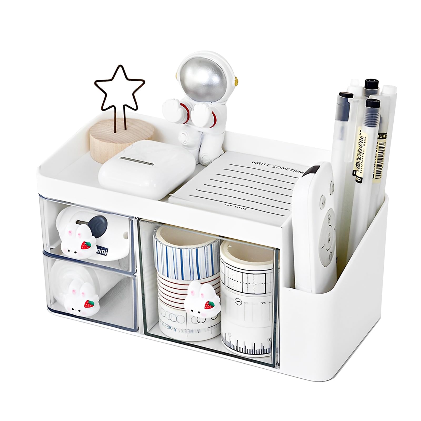 Marte Vanci Desk Organiser with 3 Drawers, Cute Desktop Tidy Stationery Organiser with Pen Holder, Small Plastic Storage Caddy, Multifunctional Desk Accessories for Makeups Art Supplies Crafts White