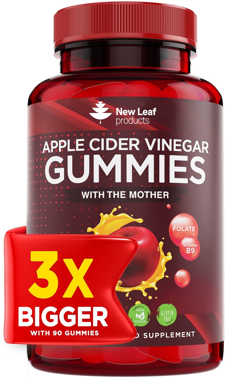 Apple Cider Vinegar Vegan Gummies Huge 3 Months Supply with The Mother High Strength + Vitamin B12 Folate Pomegranate & Beetroot – Fresh Pure Unfiltered Vinegar Not Powder — image 1