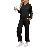 Glamaker Womens Lounge Two Piece Outfits Airport Casual Travel Crew Neck Sets Long Sleeve Tops & Wide Pants 2025 Trendy