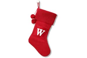 OJCHRLKF 20 Inches Initial Monogram Embroidered Christmas Stocking knitted Christmas Decorations Stocking Red,White With A Pockets Letter Stockings for Family Holiday and Xmas Tree Fireplace Décor-56-W-Red