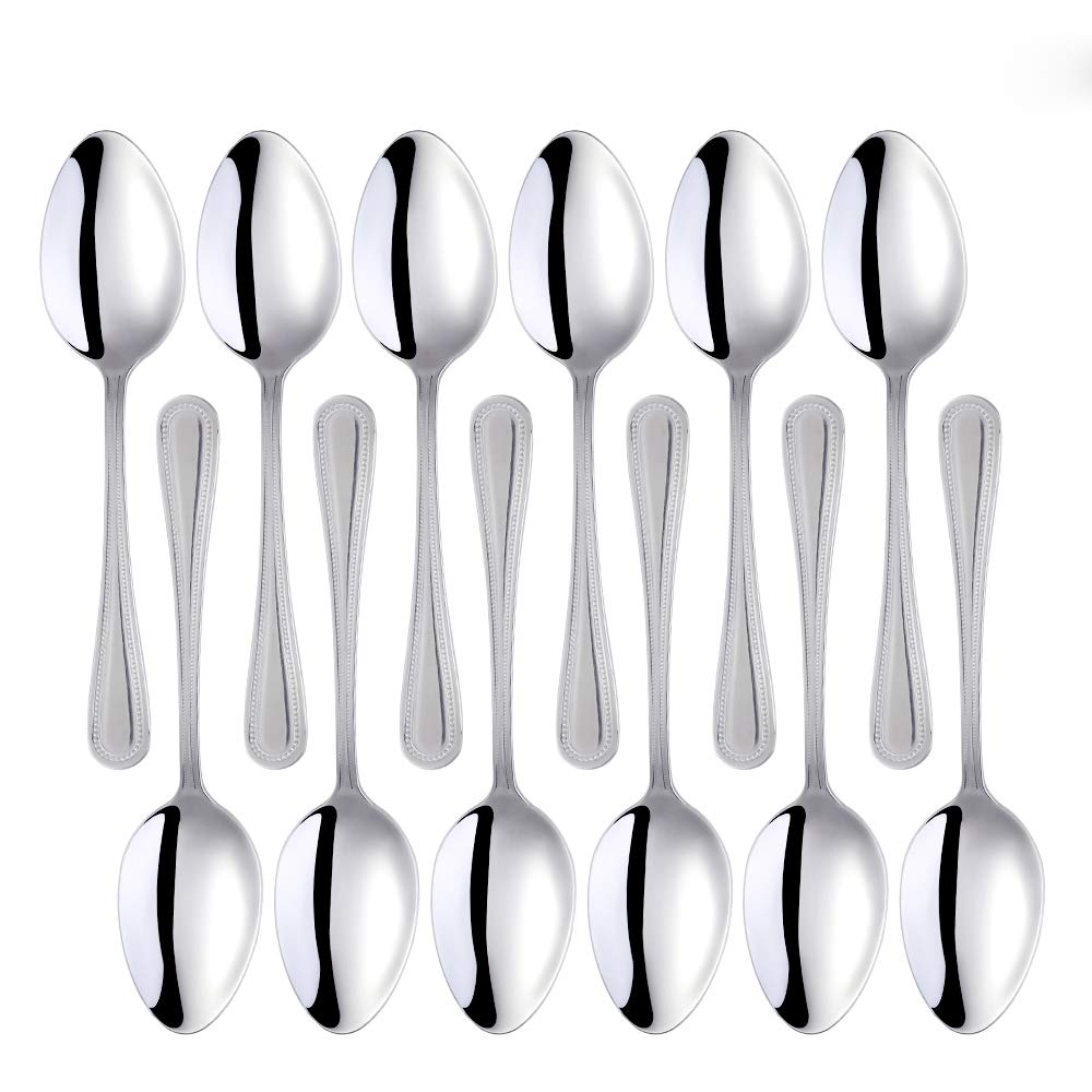 Silver Stainless Steel Dessert Spoons Buyer Star Cutlery Set Dinnerware Flateware Set of 12, Elegant Mirror Polished