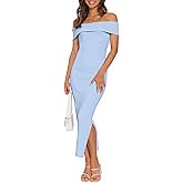 MEROKEETY Women's 2025 Off Shoulder Bodycon Midi Dress Summer Spring Formal Elegant Knit Sweater Dresses