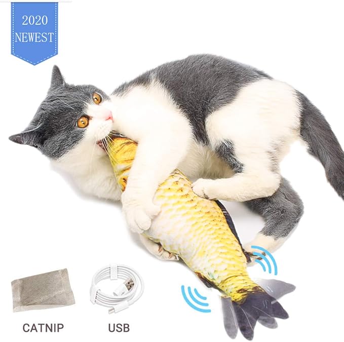 PeSandy Flopping Fish Cat Toy, 11'' Moving Cat Kicker Fish Toy with Sensor for Cat