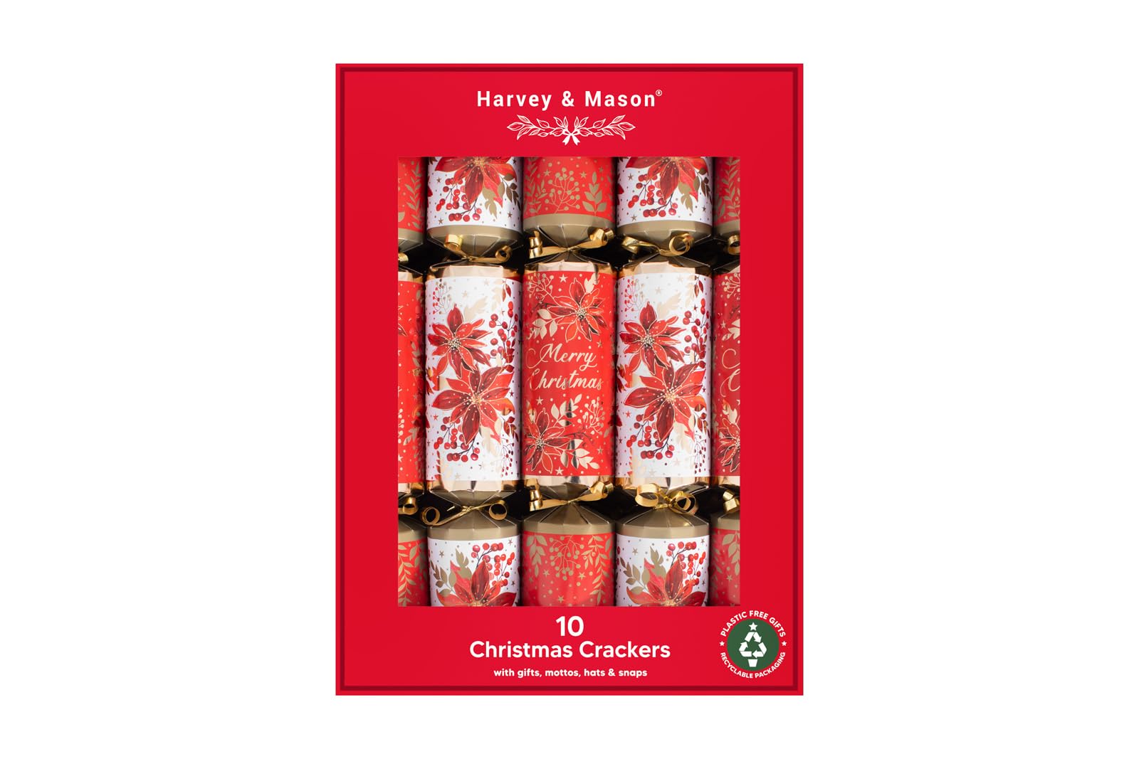 RSW Harvey & Mason 10 Poinsettia 14" Crackers – Luxury Family Christmas Crackers with Red & White Poinsettia Design and Gold Ribbon – Includes Hats, Mottos & Festive Gifts