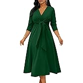 Nmoder Midi Dress for Women, V Neck Tie Front Fit and Flare Cocktail Dresses for Wedding Guest A-Line Dress with Pockets