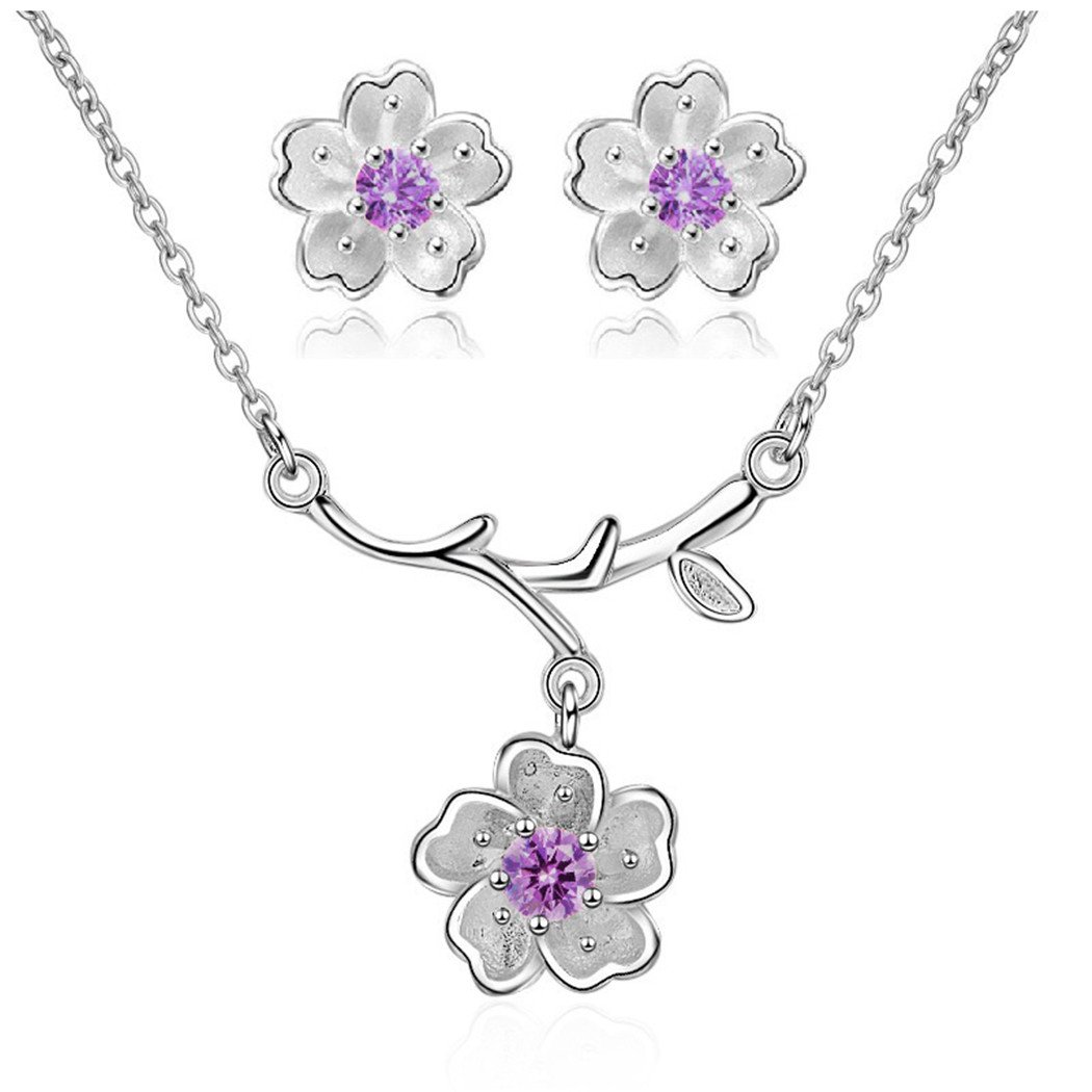 Uloveido Pink Purple Cherry Flower Necklace and Earrings Set for Girls Women, Platinum Plated Wedding Jewellery Set for Women Birthday Gift DT340 (Purple)