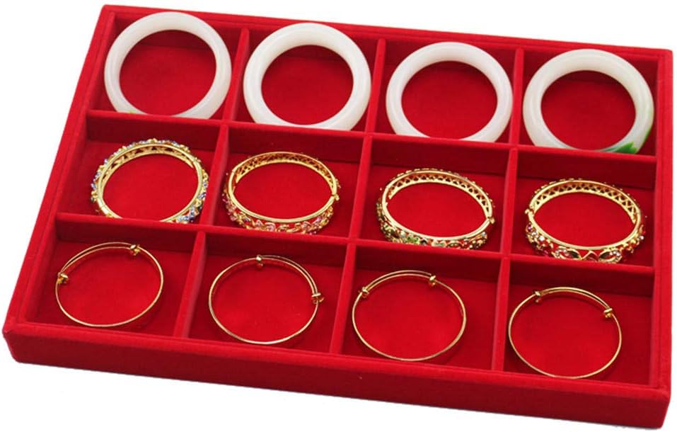 FIONAT Jewelry Storage Box Home Jewelry Display Plate Red Fleece Bangle Jewelry Box Display Props 12 Grid Storage Box