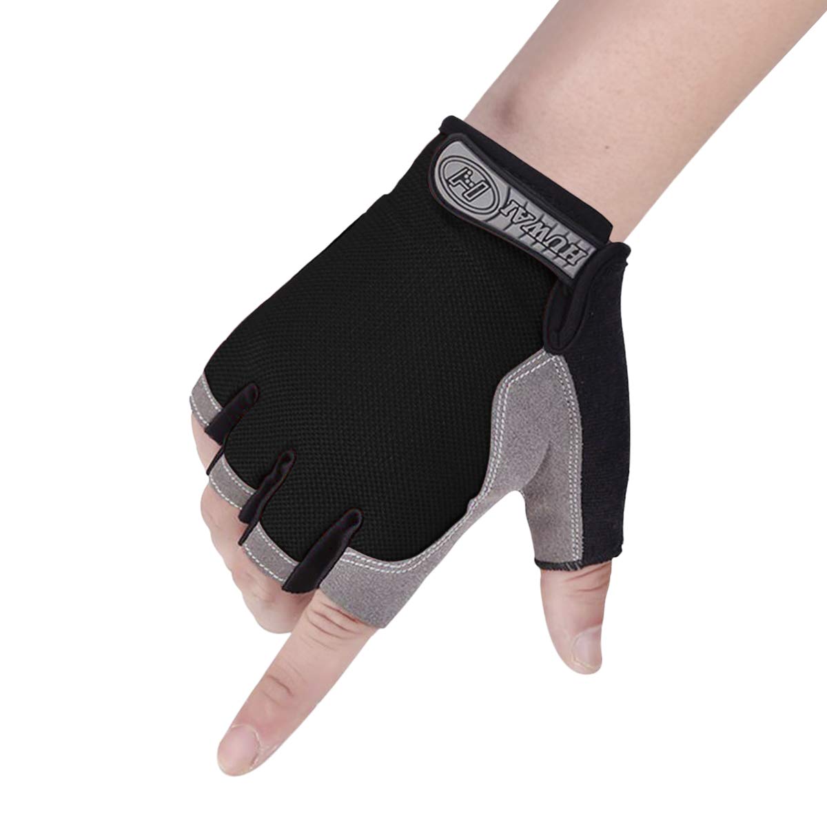 Girls Boys Half Finger Cycling Gloves Sport Gym Gloves Racing Mitts Non-Slip Gel Short Finger Breathable Summer Gloves Mountain Road Bike Riding Bicycle Running Gloves (Black+Gray for kids 4-9)