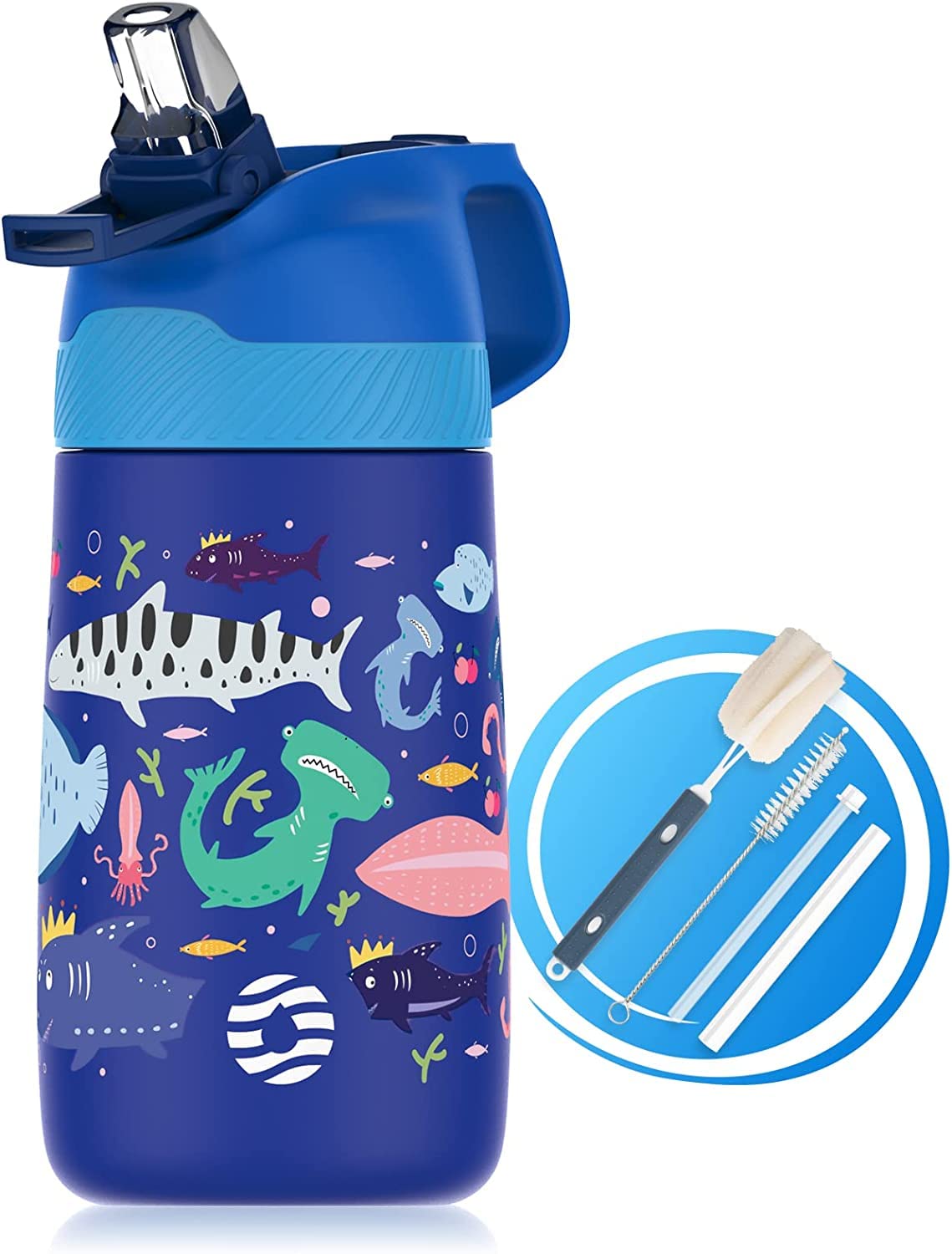 Photo 1 of Fjbottle Kids Water Bottle For School, One-Click Open Stainless Steel Insulated Water Bottle With Straw Lid - Leakproof Bpa Free Water Bottle For Girls Boys | 12oz, Ocean