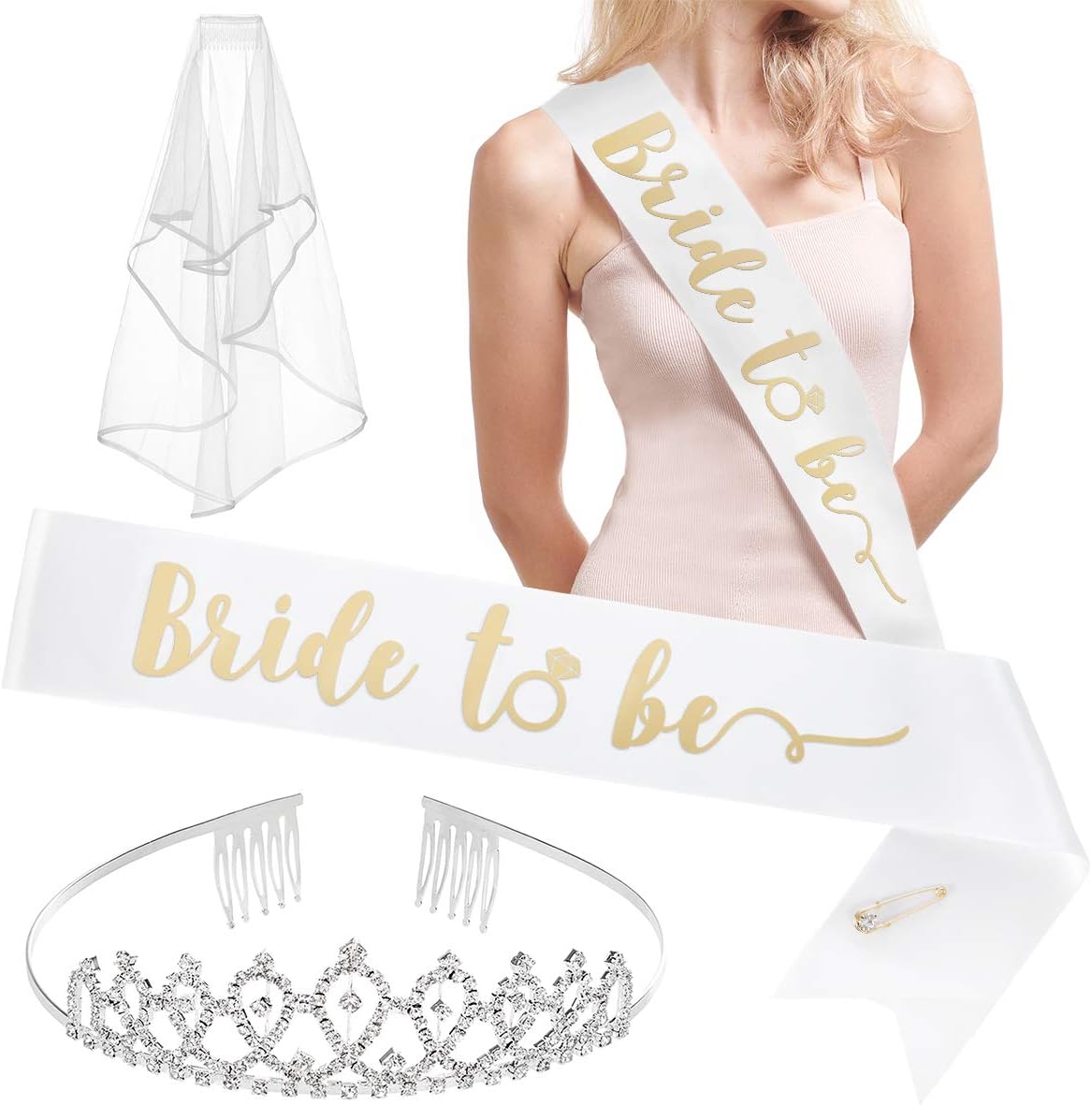 xo, Fetti Bachelorette Party Bride to Be Decorations Kit - Bridal Shower Decorations | Sash for Bride, Rhinestone Tiara, Gold Glitter Banner, Veil + Bride Tribe Tattoos: Kitchen & Dining