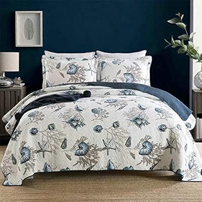 ABREEZE King Comforter Nautical Theme Quilt Set with Shams Cotton Beach Bedspreads King Coastal Navy Coverlet Coastal… 6112LWfXypL