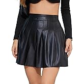 DingCo Women's Faux Leather Black Mini Skirt Classic high Waisted Skirt Pleated Skirt PU Black Leather Skirt