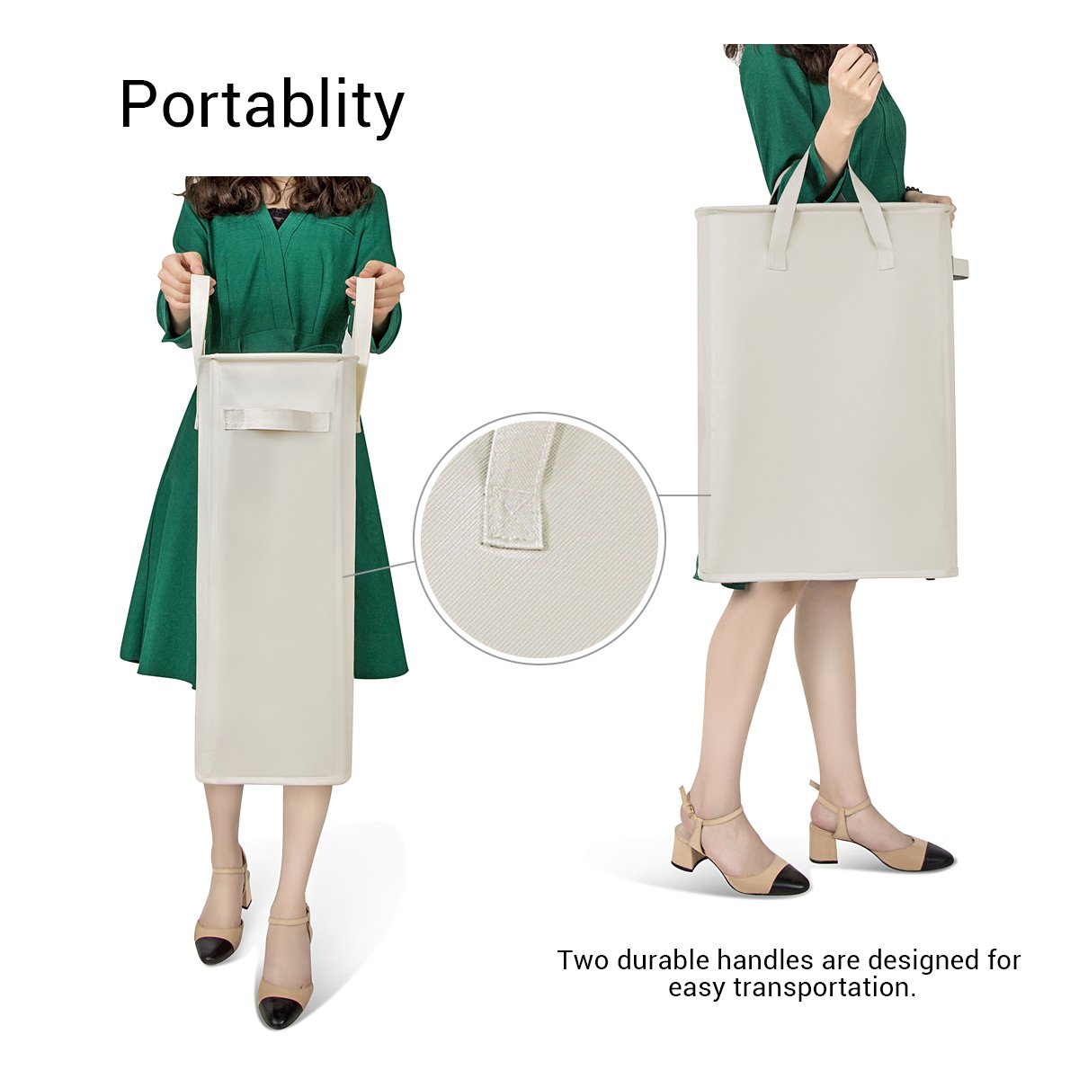 Chrislley Slim Laundry Basket Hamper Collapsible Handy Waterproof Bag Foldable Handle Oxford Cloth Basket Bin Organizer 44.5L（Beige）