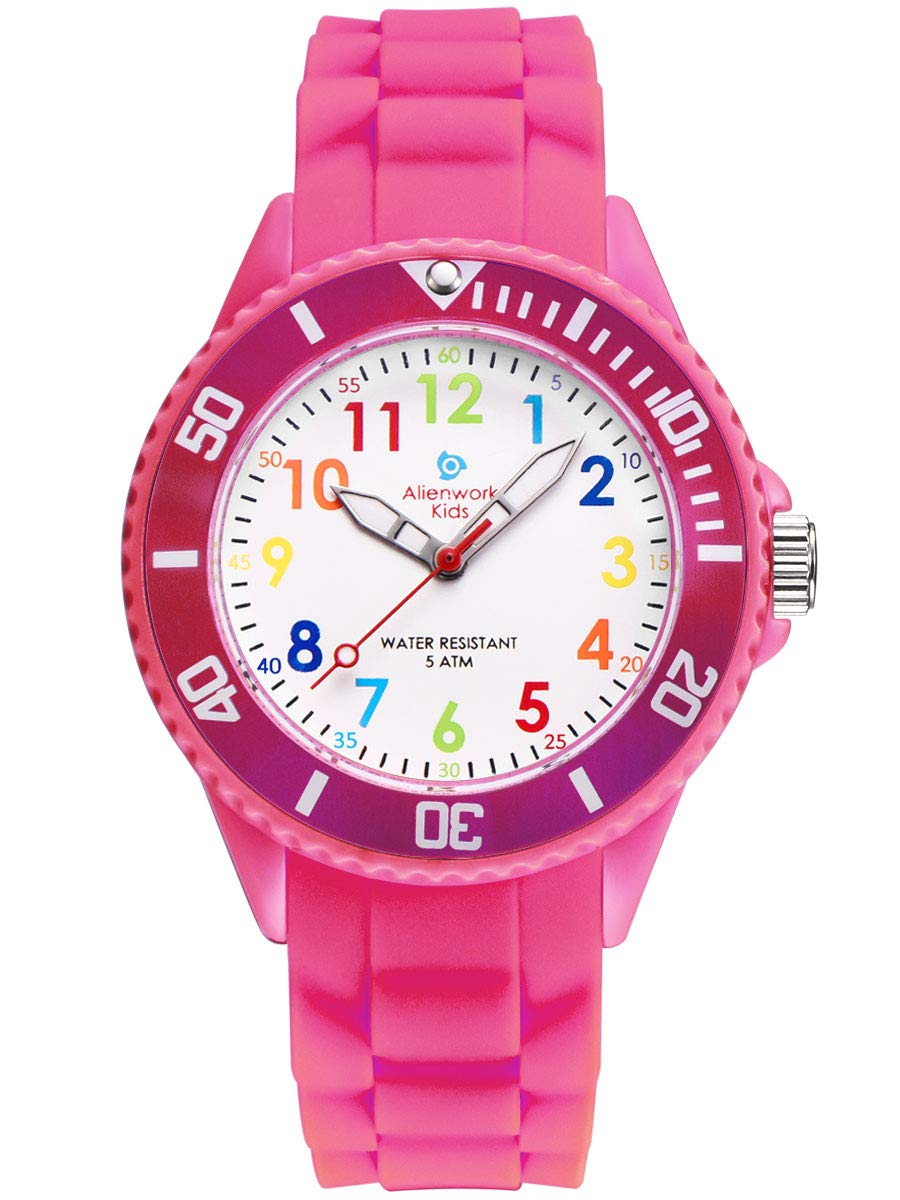 Alienwork Kids Children's Teacher Watch Girls Rose Silicone Strap Multi-Coloured Children's Kid Waterproof 5 ATM Learning Time