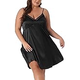 Agnes Orinda Plus Size Lingerie Satin Lace Chemise Nightgown for Women V-Neck Cami Sleeveless Dress Sleepwear