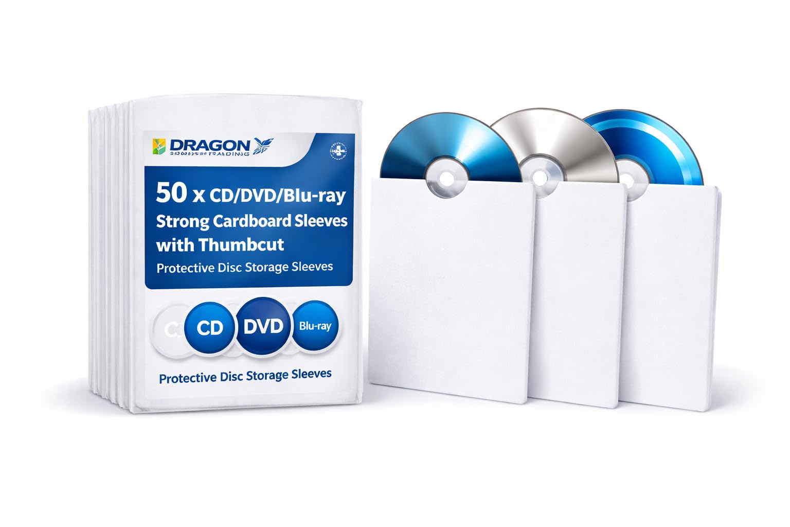 50 x Dragon Trading CD/DVD/Blu-ray Disc Strong Cardboard Sleeves with Thumbcut – Protective Disc Storage Sleeves – Pack of 50