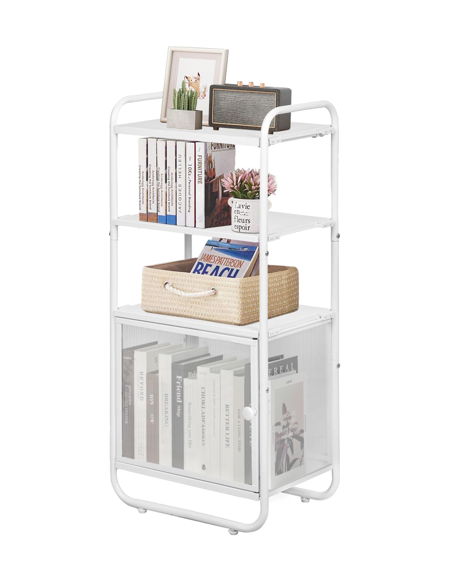 Photo 1 of LOFTEY White Bookshelf, 4 Tier Metal Bookshelf, Narrow Bookcase with Door, Small Book Shelf Organizer for Office, Living Room, Bedroom, Kitchen