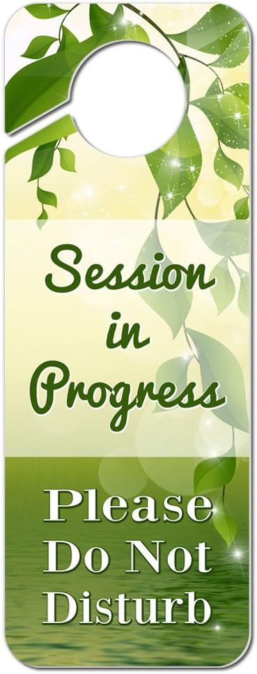 Session in Progress Please Do Not Disturb Plastic Door Knob Hanger Warning Room Sign - Green Leaves and Water