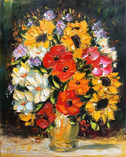 Sunflower and poppy flowers bouquet painting Geclee canvas print Floral Colorful Wall art Decor