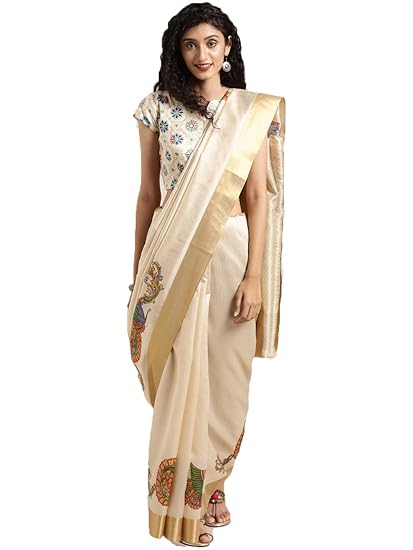 Women's Off-White Silk Cotton Printed Kasavu Saree (Aag_Gski39714674_Free Size)