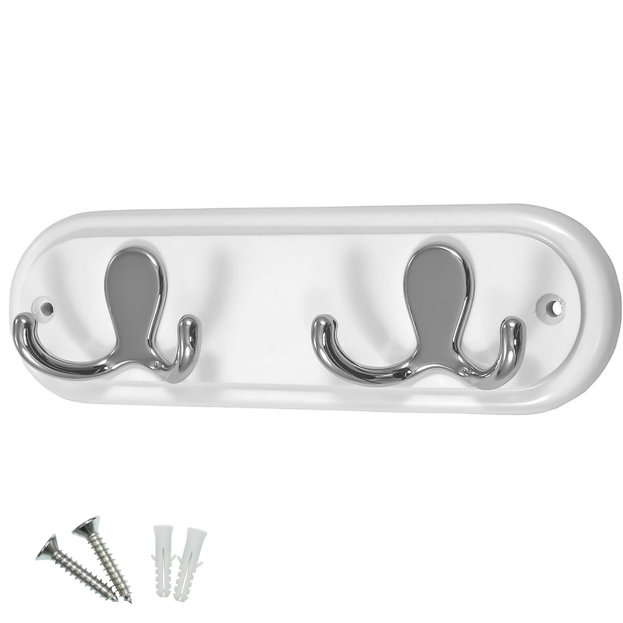 Keypak Compact Door Wall Mounted Robe Coat Rack with 2 Double Hooks, Fixings Included, 22cm, Polished Chrome on White
