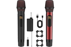 ROUWU Wireless Microphones, UHF Metal Dual Handheld Cordless Dynamic Karaoke Microphone Wireless, 1/4 "Output for Rechargeable Wireless Microphone, Wedding, Party,DJ, Church, Speech,Class Use, 240ft