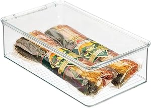 mDesign Plastic Stackable Kitchen Pantry Cabinet or Refrigerator Food Storage Container Bin, Attached Hinged Lid - Organizer for Snacks, Produce, Pasta - Deep Container - Clear
