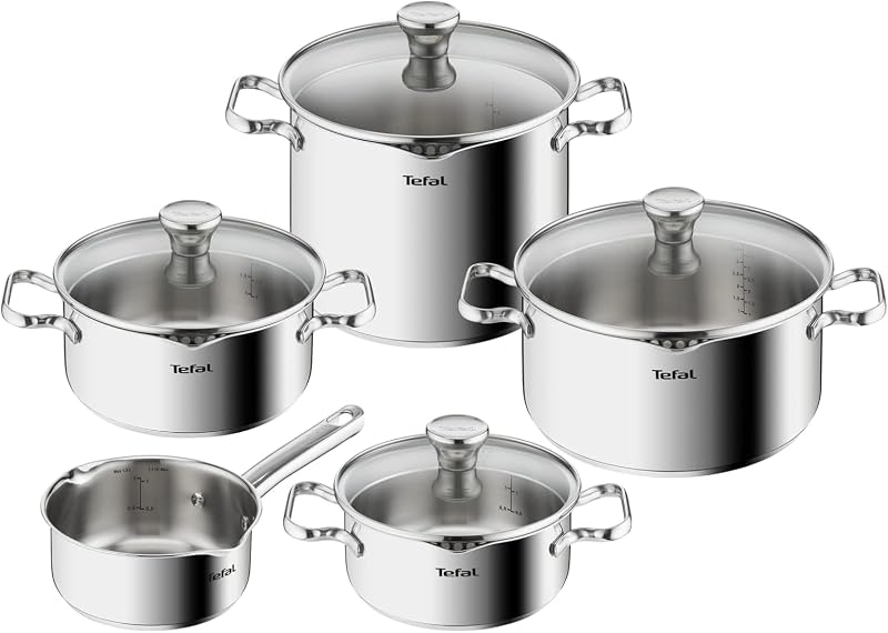 Tefal A705S9 Duetto Conjunto de 9 Peças | adequado para indução | Aço inoxidável robusto e de alta qualidade | Amigo do Ambiente | Capa do filtro | cofre para forno até 260 °C