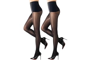 MANZI 2 Pairs Seamless Control Top Pantyhose for Women 15D Sheer Shiny Tights Shimmer Nylons Silk Stockings