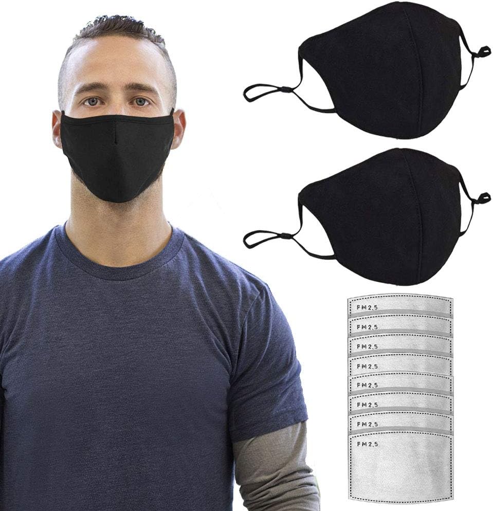 Elekheal Anti-Dust Black Face Mask 2 Pack, Adjustable PM2.5 Breathing Mask for dust protection with 8 Replaceable Activated Carbon Filter Pad, Reusable and Washable Full Face Respirator Mask (Black)