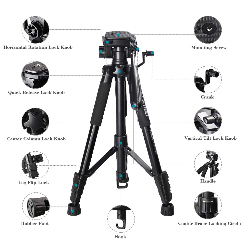 ZoMei Z666 Portable Travel Camera Tripod Lightweight 3-Level Height Adjustable Aluminum Tripod for DSLR SLR Nikon Sony Canon DV Video with Carrying Bag(Black)