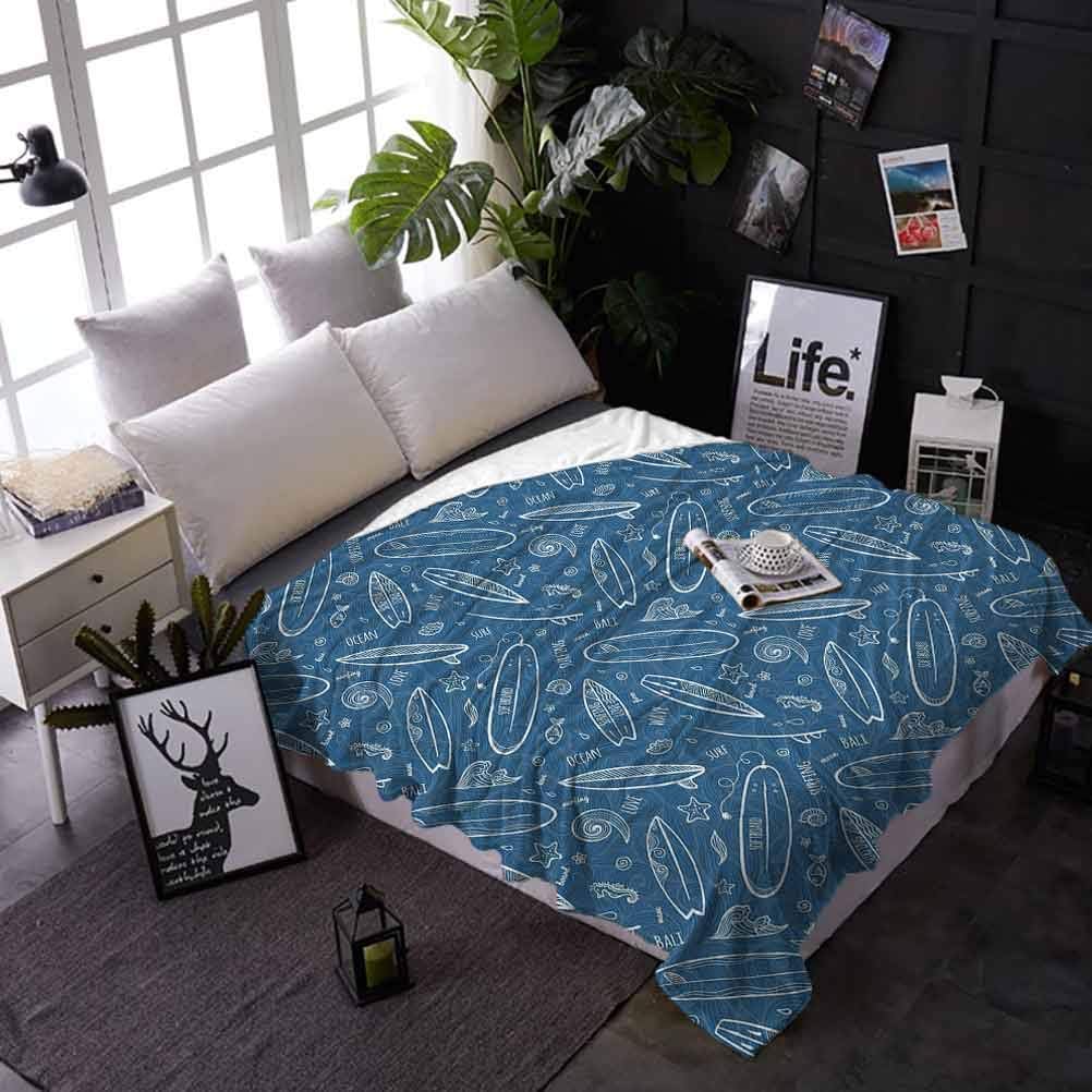 carmaxs Weighted Blanket for Kids Surfboard Bed Blanket for Couch Bed Sofa Blue Waters Oceanic Elements Waves Swirls Doodle White Outlines Hobby Fun Times 70 x 90 Inches Blue White