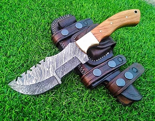 Ottoza Handmade Damascus Tracker Knife with Olive Wood Handle - Survival Knife - Camping Knife - Damascus Steel Knife - Damascus Hunting Knife with Sheath Horizontal Carry Fixed Blade Knife