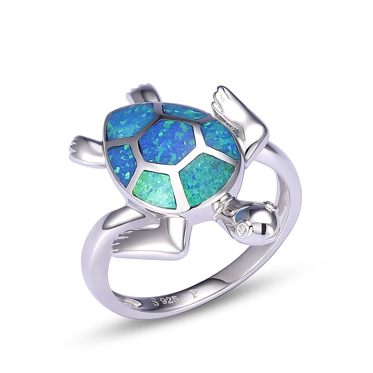 VIKI LYNN 925 Sterling Silver Created Blue Opal Sea Turtle Ring Band Ring for Women Size P