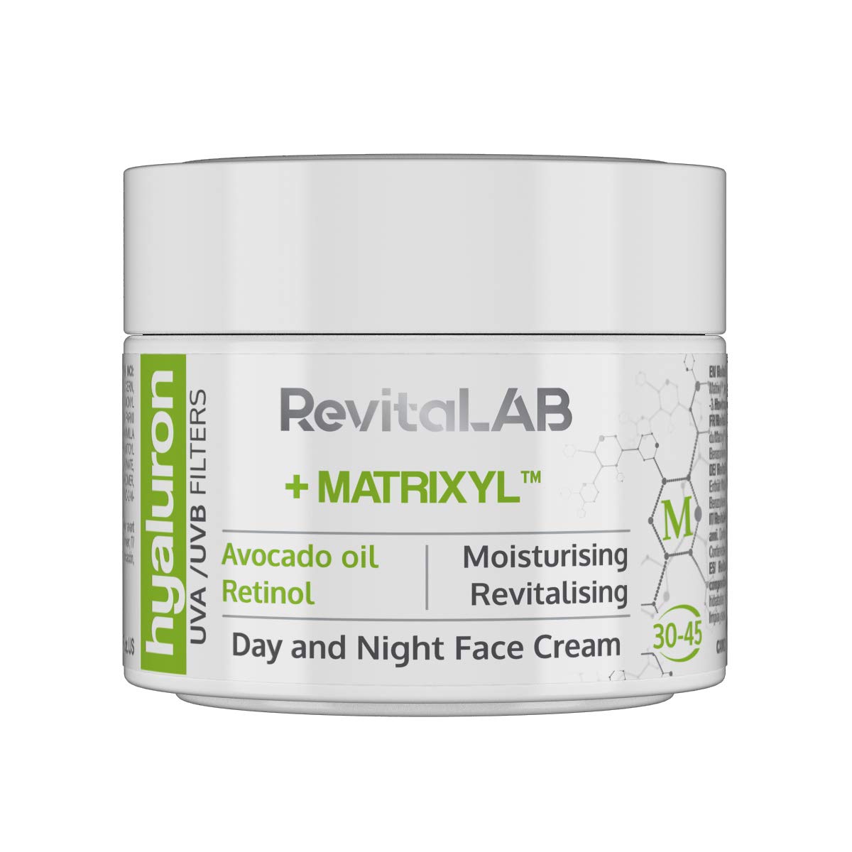 RevitaLAB Hyaluron Anti-Ageing Day and Night Cream, Enriched with Avocado Oil, Matrixyl, Retinol and UV Filters, for Ages 30 – 45, 50 ml