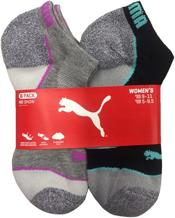 Puma Ladies' NoShow Sock 6pair White/Pink/Blue Shoe Size