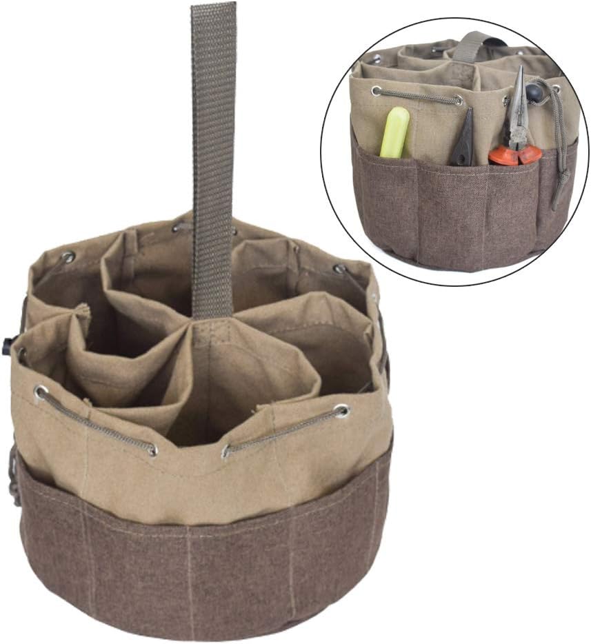 Basong Tool Organizer Bag, Bucket Tool Bag with 17 Pockets, Soft Sided Drawstring, Nylon Webbing Handle. Durable Canvas Construction for Electrician, HVAC, Plumber, Carpenter or Mechanic (Khaki Brown)
