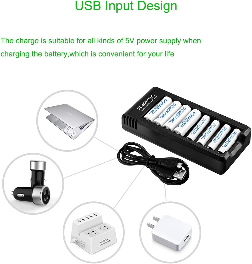 POWEROWL 8 Bay AA AAA Battery Charger (USB High-Speed Charging, Independent Slot) for Ni-MH Ni-CD Rechargeable Batteries (No Adapter): Home Audio & Theater