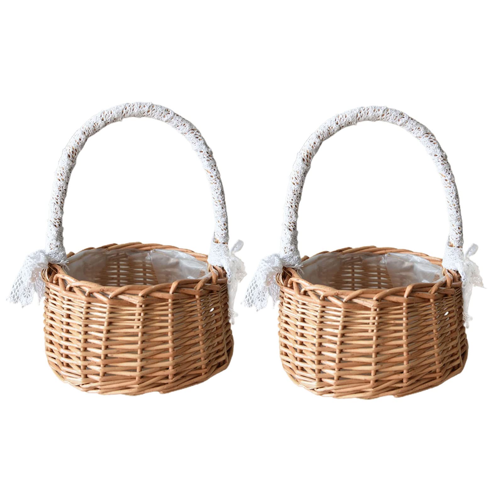 ASSR 2PCS Woven Storage Basket w/Handle and Ribbon,Wedding Flower Girl Baskets,Wicker Rattan Flower Basket for Home Garden Decor -A1
