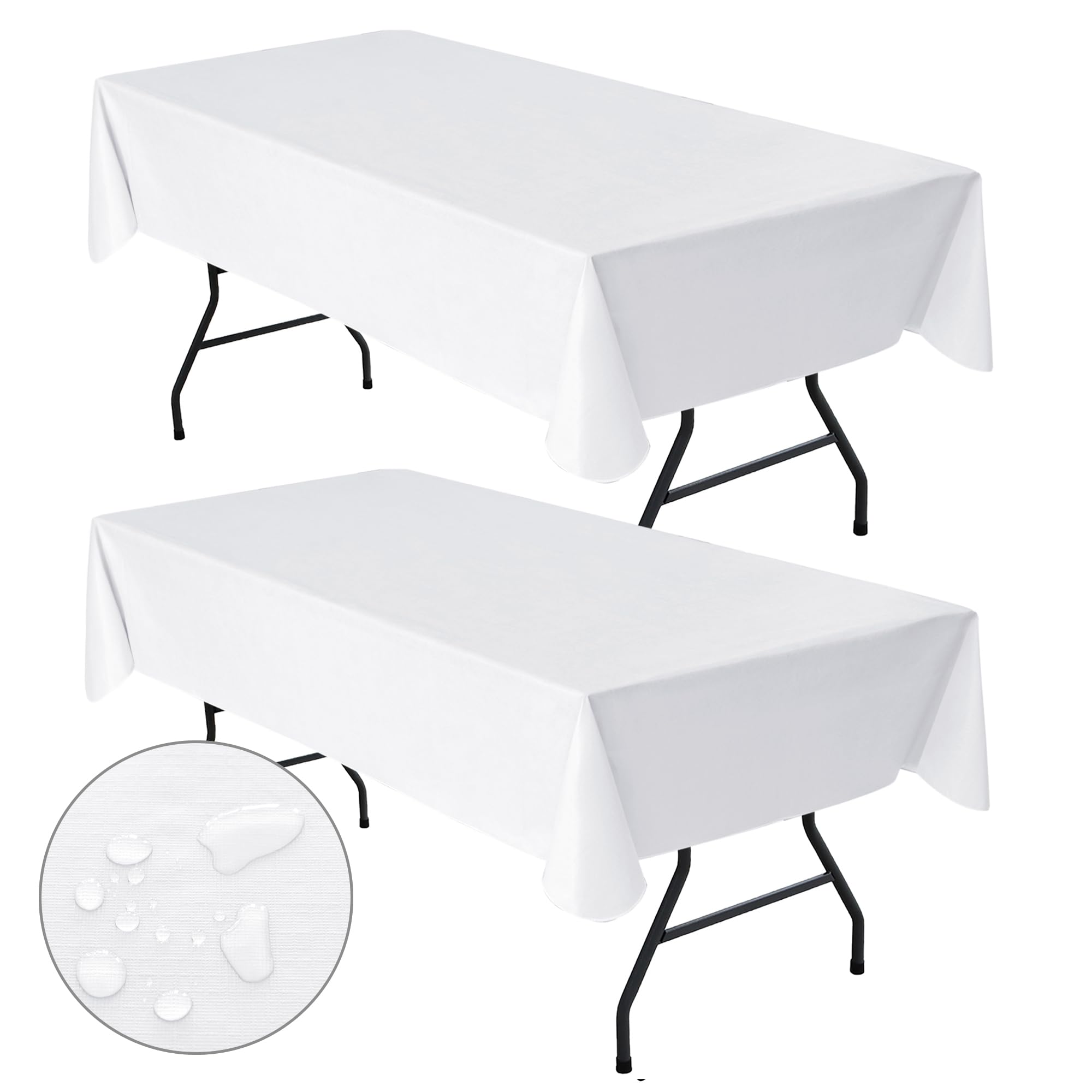 Photo 1 of Nasitos 2 Pack White Table Cloths Rectangle for Parties 60x120 Inch - Waterproof Vinyl Table Cover, Flannel Backed Disposable for Events, Trade Show, Outdoor