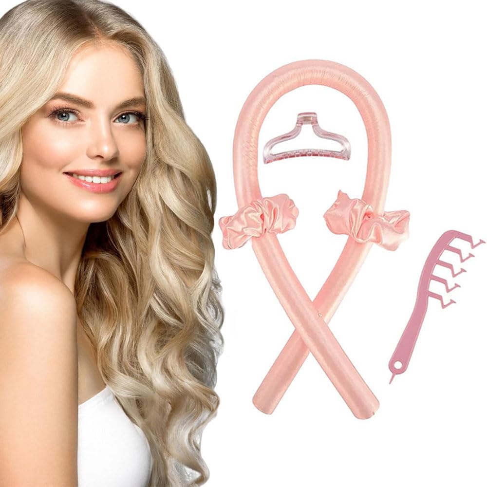 Heatless Curling Rod Headband, Satin Rollers Hair Curler, Wave Roller Curler, Overnight Styling Kit for Long and Medium Curls with Claw Clip, Soft Rubber Rollers Styling Tool for Sleep - (Pink)