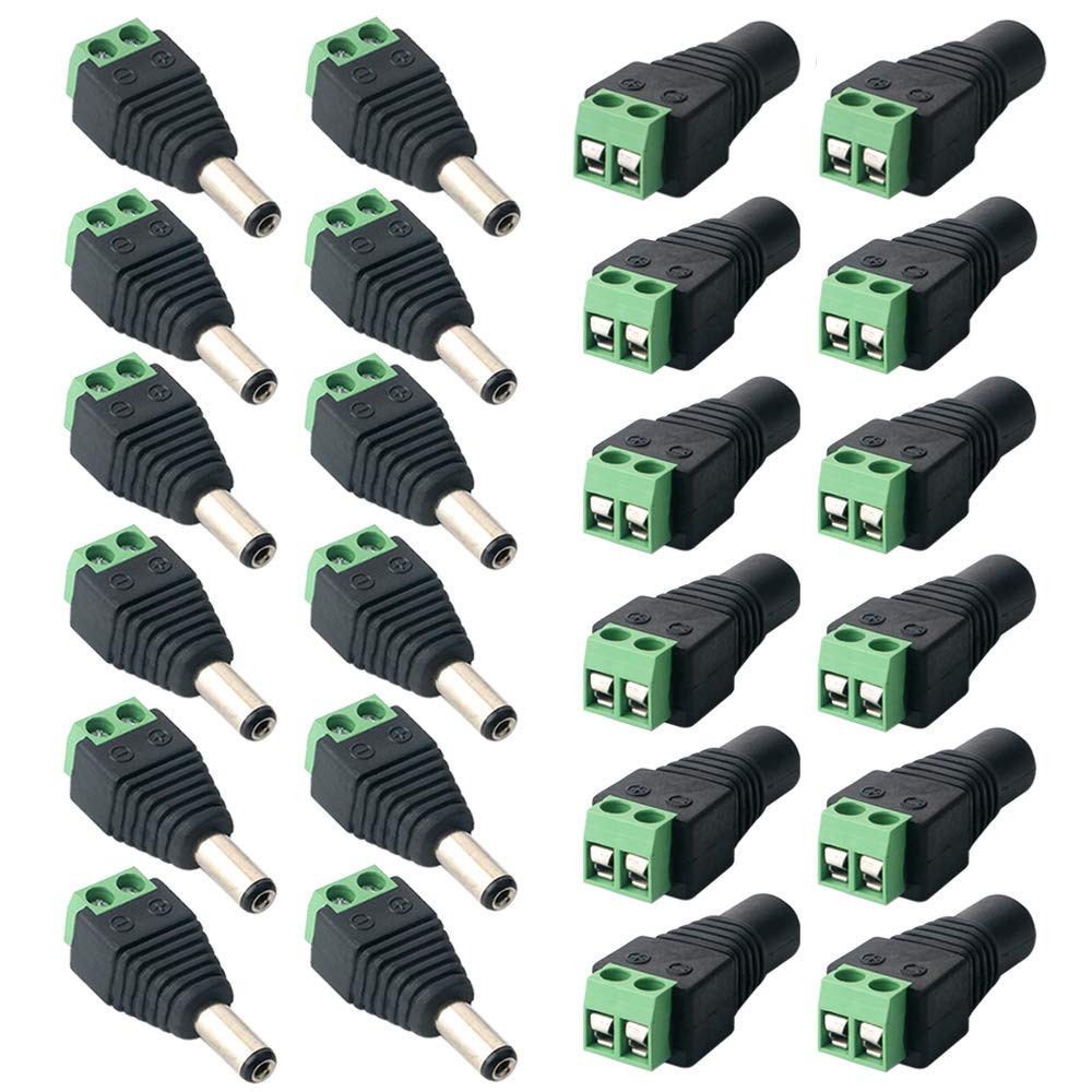 QitinDasen 12 Pairs Premium DC Power Connector Kit, 12V / 24V Male & Female Adapter, 2 Pin Screw Terminal Connector, for CCTV Camera LED Strip