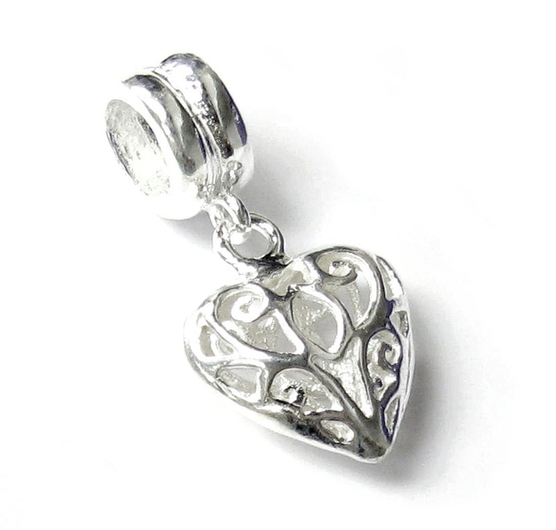 Queenberry Christmas Gift Sterling Silver Open Heart Sweet Filigree Flower Love Puff 3-D Dangle Bead Compatible With European Story Charm 3mm Snake Cable Chain Bracelets
