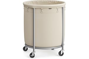 SONGMICS 50.2-Gallon (190 L) Laundry Basket with Wheels, Rolling Round Heavy-Duty Laundry Hamper Cart with Steel Frame and Removable Bag, 2 Locking Wheels, Cream White and Metallic Silver URLS01MZ