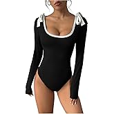 WDIRARA Women's Tie Shoulder Scoop Neck Bodysuit Contrast Binding Long Sleeve Leotard Tops