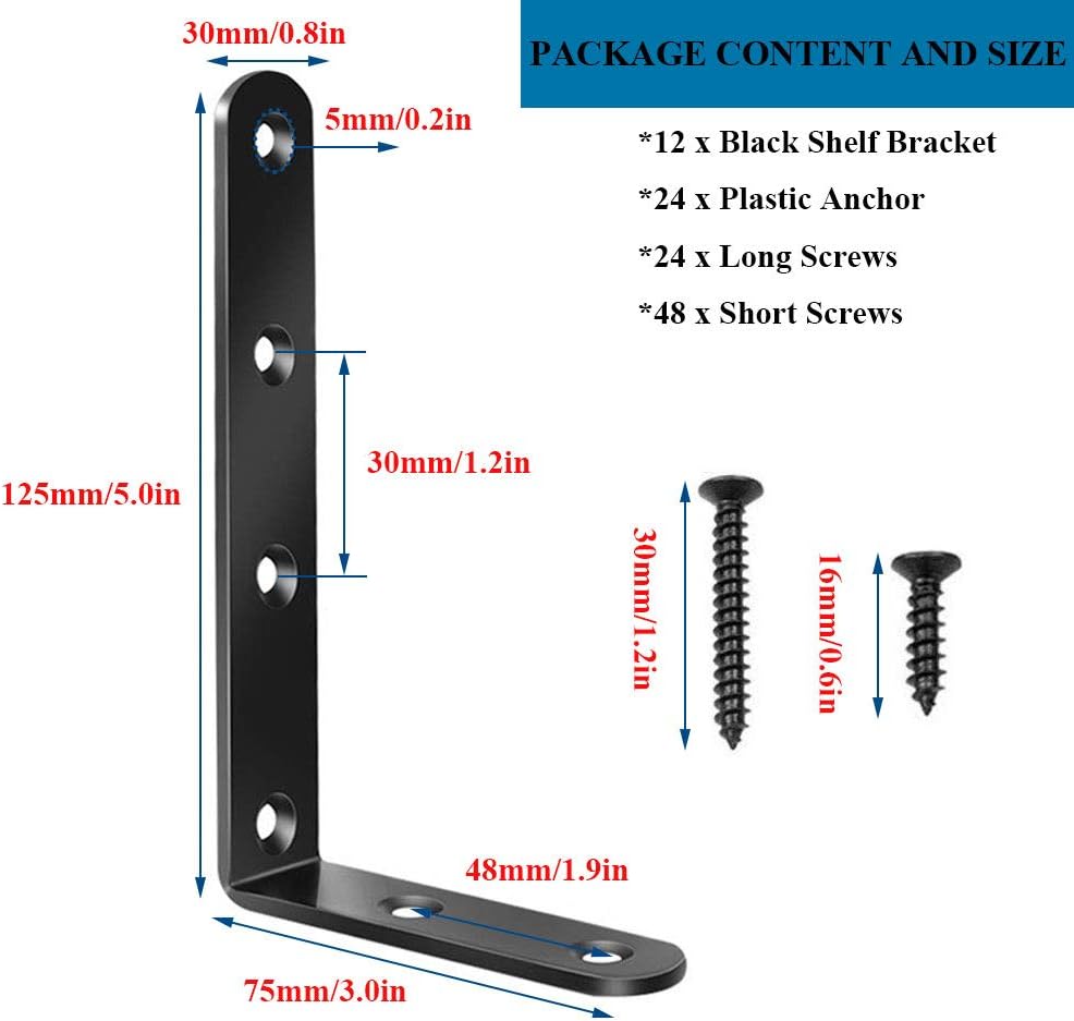 Leaf Lovely SHANQ 12PCS Shelf Bracket, 125mm x 75mm Wall Support Corner Brace with Screws, Metal Right Angle Fastener - Image 3