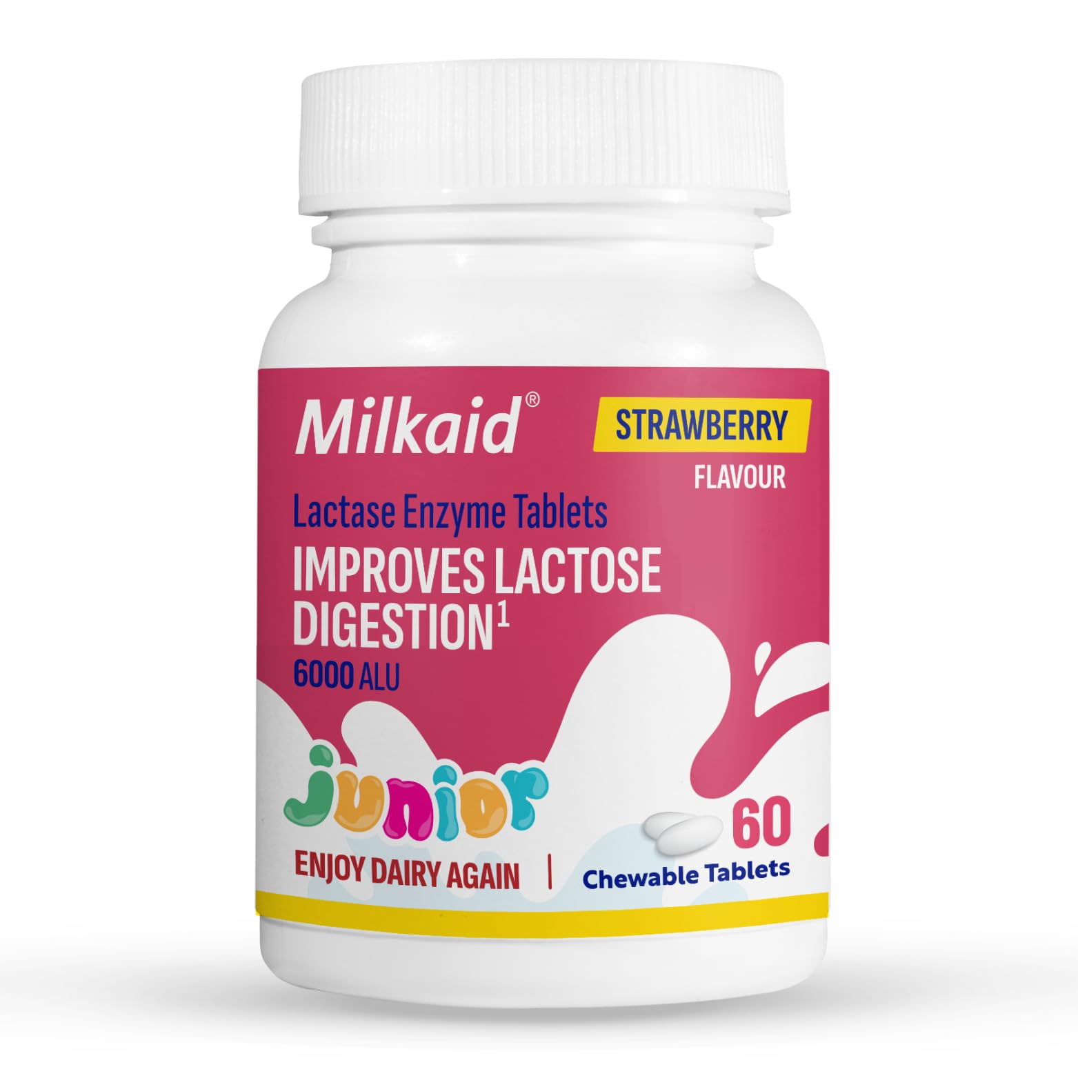 Milkaid Junior Lactase Enzyme Chewable Tablets for Lactose Intolerance Relief, Prevents Gas, Bloating & Diarrhoea, Fast Acting Dairy Digestive Supplement, Gluten Free & Vegan, 60 Count