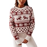 ZAFUL Women's Christmas Snowflake Reindeer Knitted Sweater Long Sleeve Crew Neck Heart Animal Print Pullover Knitwear