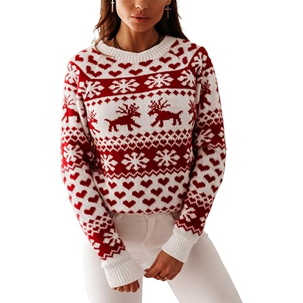 Women Red White Christmas Sweaters Snowflake Crew Neck Pullovers