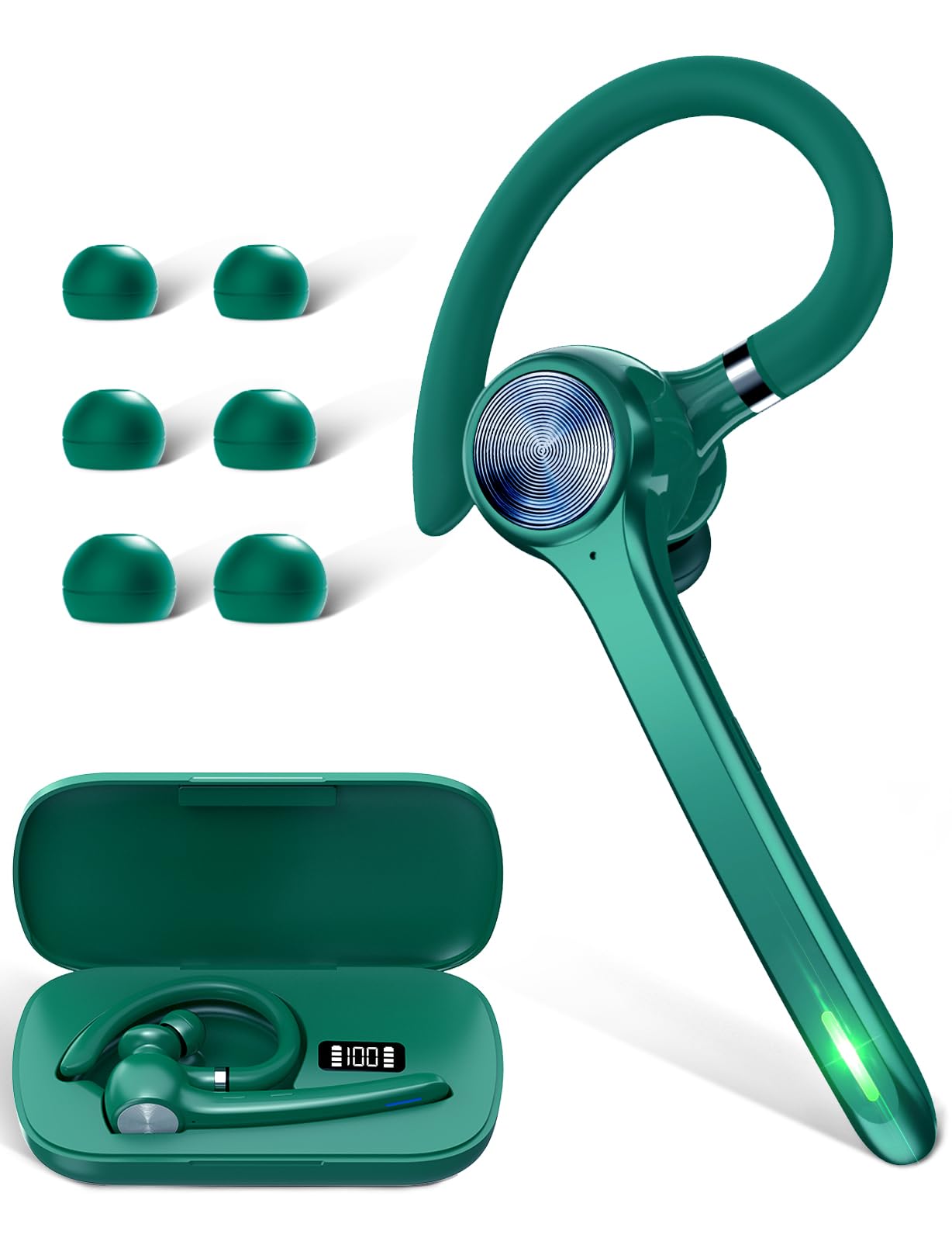 HEIBAS Bluetooth Headset, Wireless Earpiece with 500mAh Charging Case 72 Hours Talking Time Built-in Microphone for iOS Android Cell Phone, V5.1 Hand-Free Headphones Trucker, Office,Olive Green